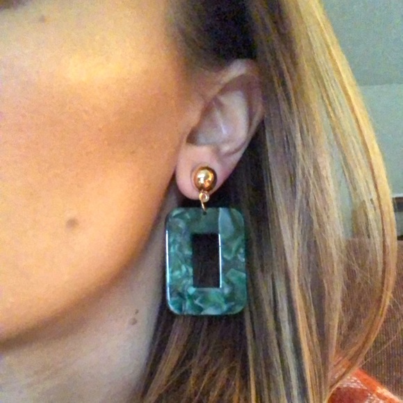 Green and Gold Marble Square Geo Drop Earrings - Picture 3 of 4
